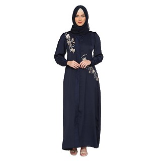 Front Open cuff sleeves  Embroidery Abaya - Navy Blue